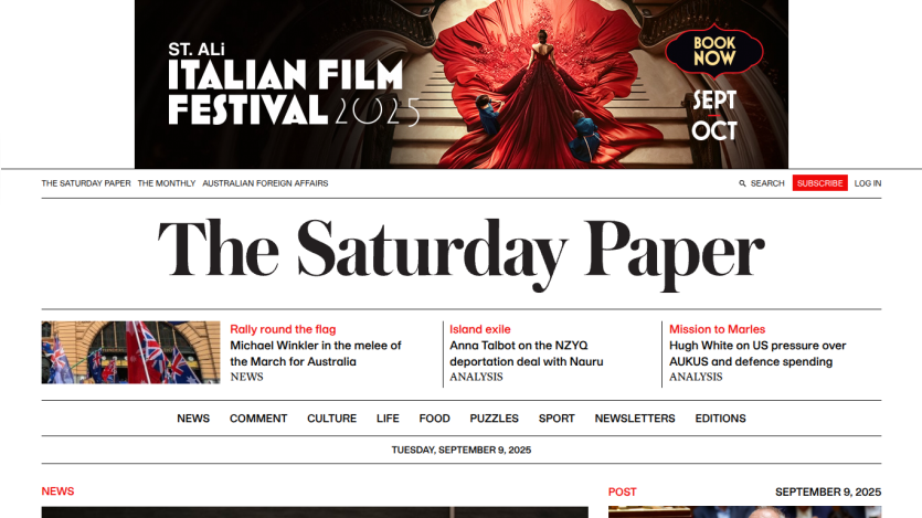 The Saturday Paper homepage featuring news articles and an Italian Film Festival banner.
