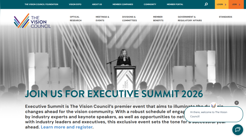 The Vision Council website promoting the Executive Summit 2026 with event details and registration link