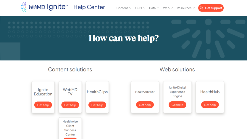 WebMD Ignite Help Center with navigation and sections for content and web solutions offering help options