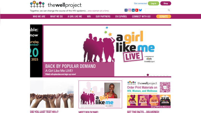 The Well Project homepage with navigation, a featured event 'A Girl Like Me LIVE!', and sections on HIV testing and educational materials.