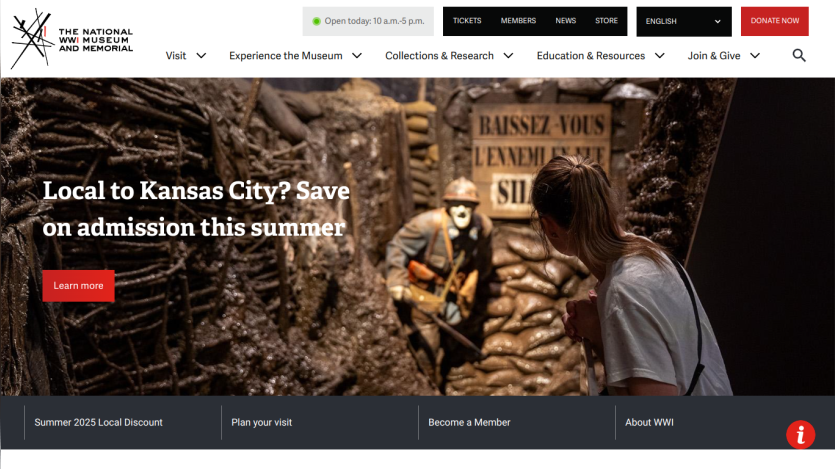 Homepage of a museum promoting local admission discounts with a visitor exploring an exhibit.