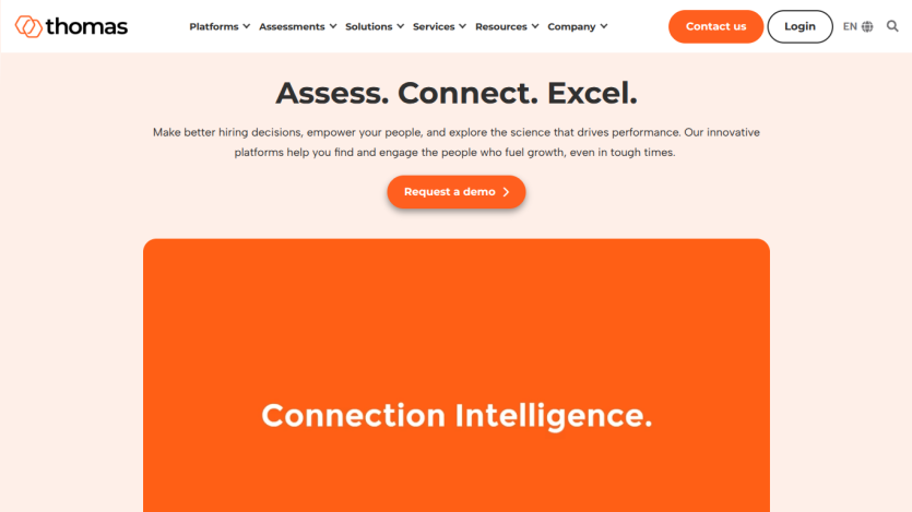 Website header with navigation and a hero section featuring 'Connection Intelligence' and a call-to-action button