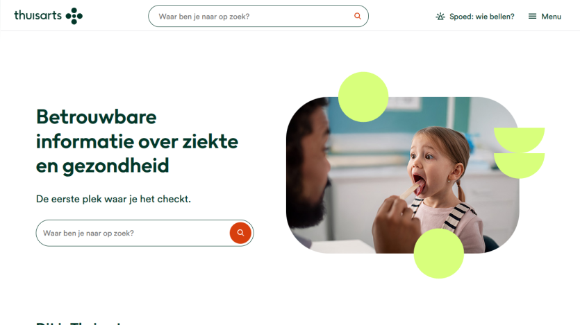 Website offering reliable health information with a search bar and engaging visuals.