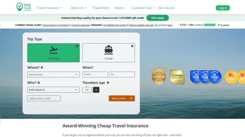 Travel insurance website with trip type selection, travel details form, and award badges