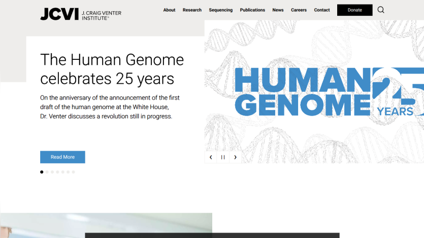 J. Craig Venter Institute homepage celebrating 25 years of the human genome with navigation and a Read More button