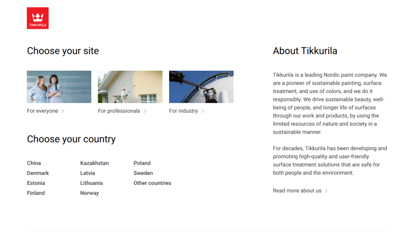 Tikkurila homepage with options to choose site type and country, and an about section describing the company