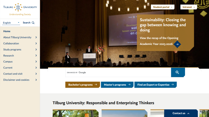 Tilburg University homepage featuring sustainability event and navigation options.