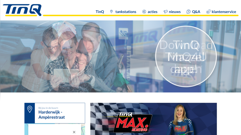 TinQ website header with navigation and hero section showing family using a tablet and promotion to download TinQ4U app