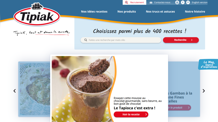 Tipiak website with navigation, search bar for recipes, and featured chocolate mousse recipe promotion