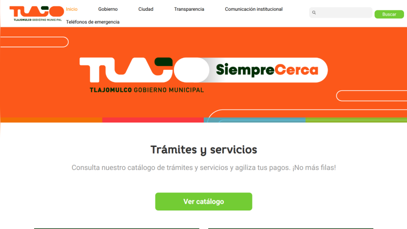 Tlajomulco municipal government website with navigation and a section for procedures and services with a catalog button