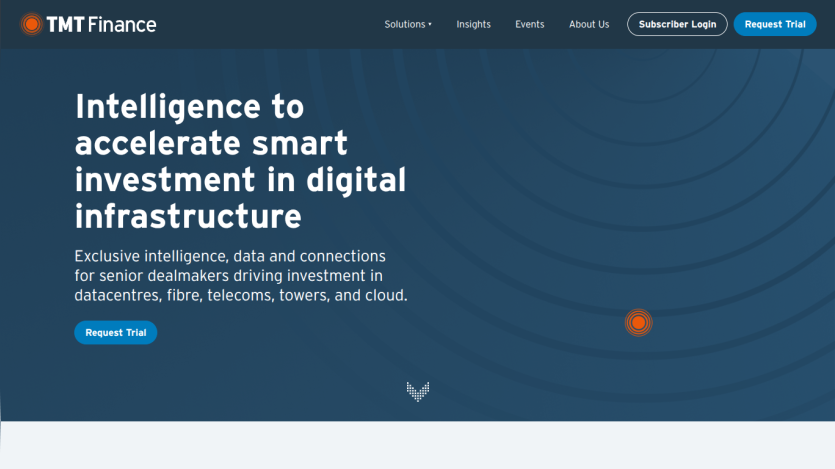 TMT Finance homepage offering intelligence to accelerate smart investment in digital infrastructure with options to request trial or subscriber login