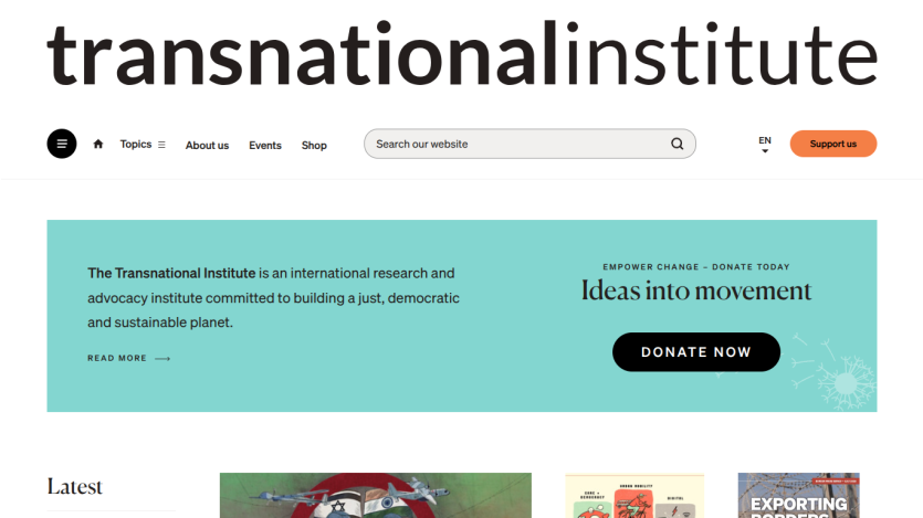 Transnational Institute homepage featuring a search bar and a call to action for donations.