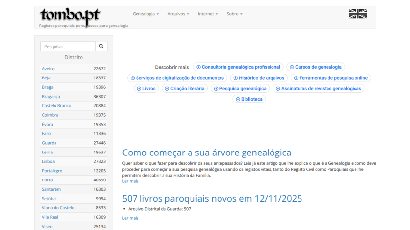tombo.pt website showing genealogy records navigation and articles on starting a family tree and new parish books