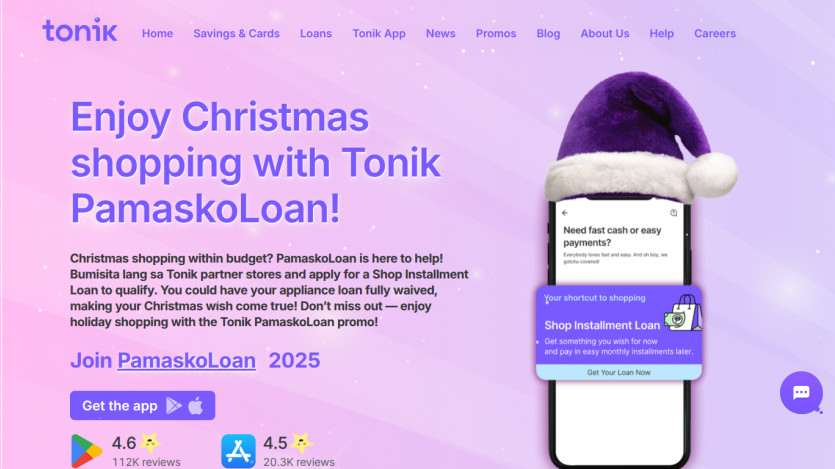 Tonik website promoting Christmas shopping with PamaskoLoan, featuring app download buttons and loan details.