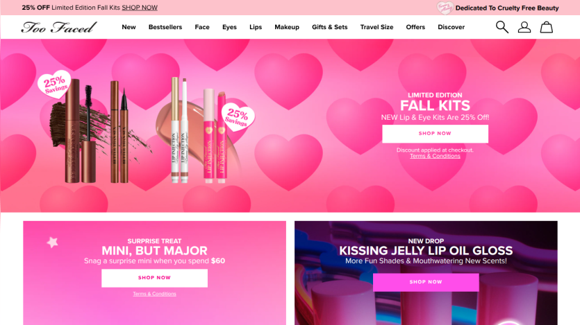 Homepage featuring beauty products with promotional banners on a pink background.