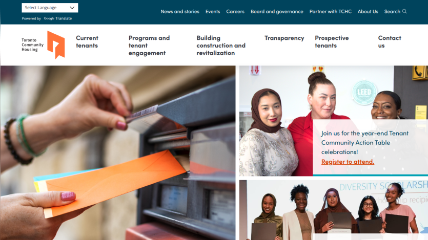 Toronto Community Housing website with navigation links and announcements about tenant community events and diversity scholarships