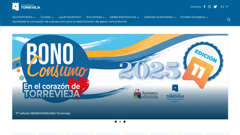 Torrevieja city website with navigation menu and banner for 11th edition BONO Consumo 2025 in the heart of Torrevieja