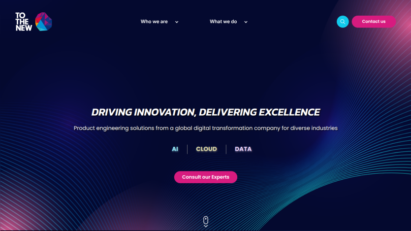 Homepage hero of a digital transformation company offering AI, Cloud, and Data product engineering solutions