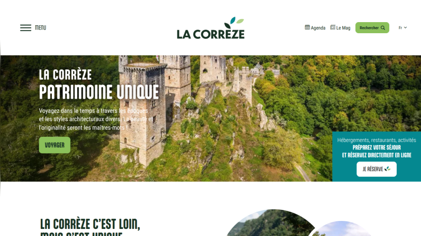 Tourism site for La Corrèze showcasing unique heritage with a castle image and travel invitation