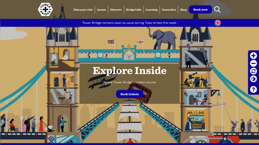 Homepage featuring Tower Bridge with a call to action to explore inside and book tickets.