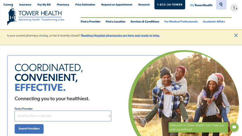 Tower Health homepage with navigation, search for providers, and happy family outdoors in hero section