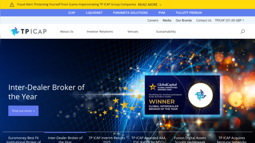 Homepage of TP ICAP showing Inter-Dealer Broker of the Year award and navigation menu