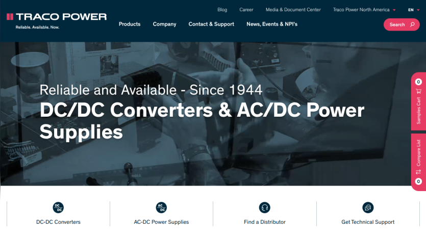 TRACO POWER homepage with navigation and hero text about DC/DC converters and AC/DC power supplies since 1944