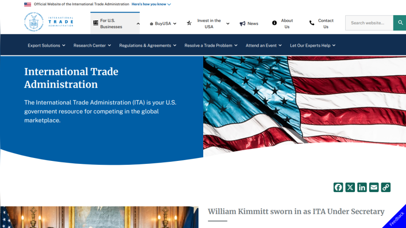 International Trade Administration homepage featuring a U.S. flag and key information about trade resources.