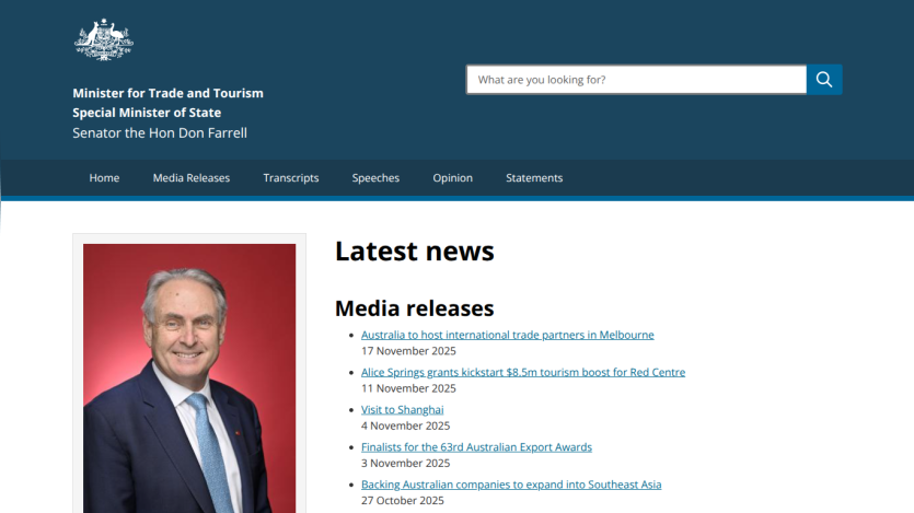 Minister for Trade and Tourism Senator Don Farrell's official page with latest media releases and navigation menu