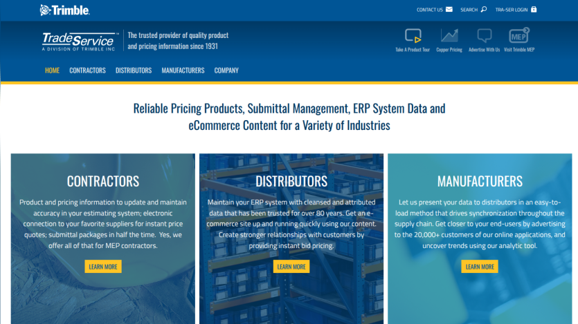 Trimble Trade Service homepage with navigation and sections for contractors, distributors, and manufacturers
