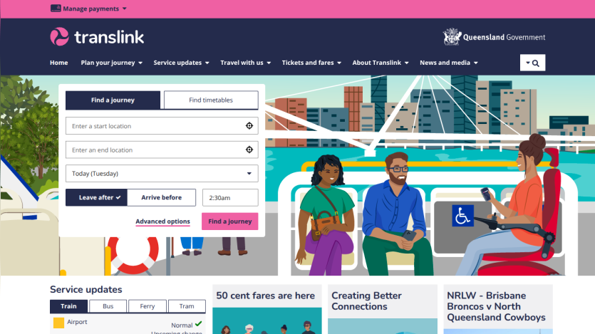 Translink homepage featuring journey planning options and service updates.