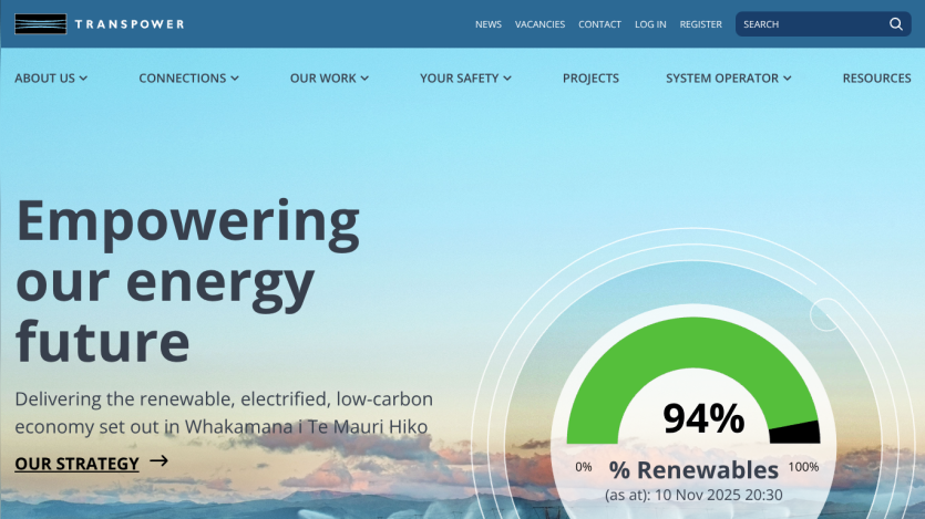 Energy company homepage promoting renewable, low-carbon economy with 94% renewables gauge