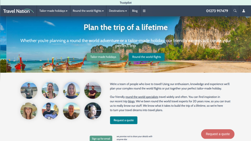 Travel Nation homepage with headline 'Plan the trip of a lifetime' and options for tailor-made holidays and round the world flights