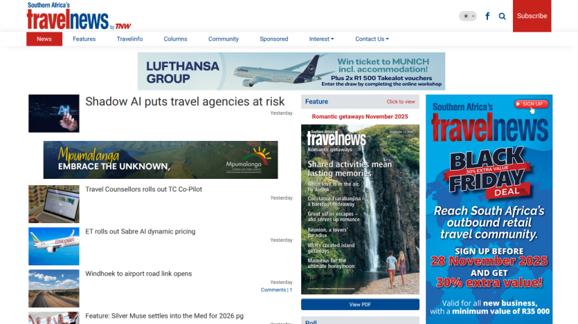 Southern Africa's travel news homepage with headlines on AI risks, travel features, and a waterfall cover story on romantic getaways