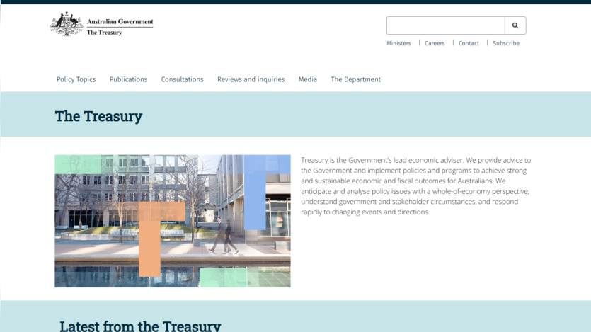The Treasury website featuring a header, introductory text, and a prominent image.