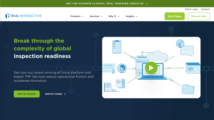 Trial Interactive homepage with headline about global inspection readiness and call to action buttons