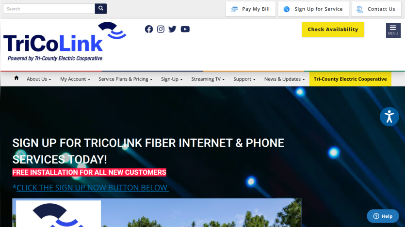 TriCoLink homepage offering fiber internet and phone services with signup call to action