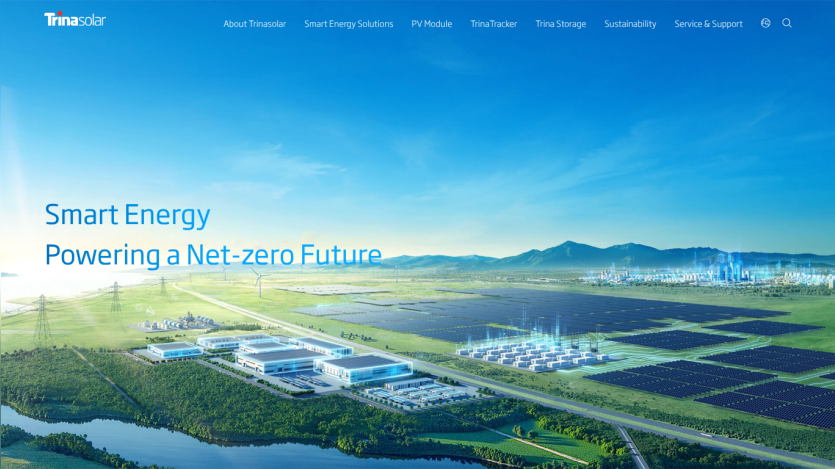 Homepage showcasing smart energy solutions with a landscape of solar panels and wind turbines.