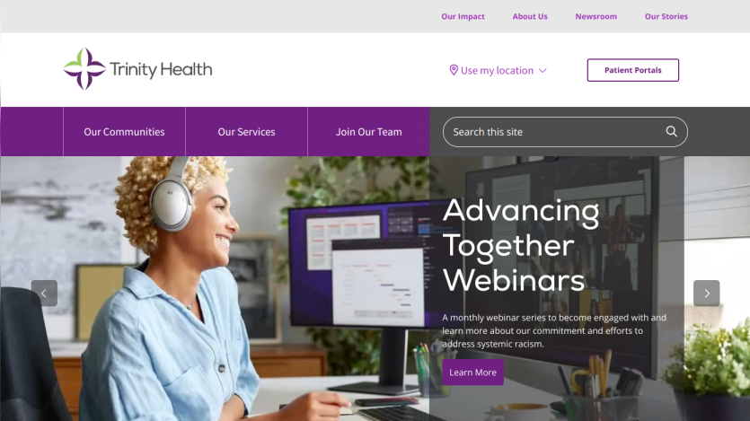 Trinity Health website featuring a woman with headphones and a webinar announcement.