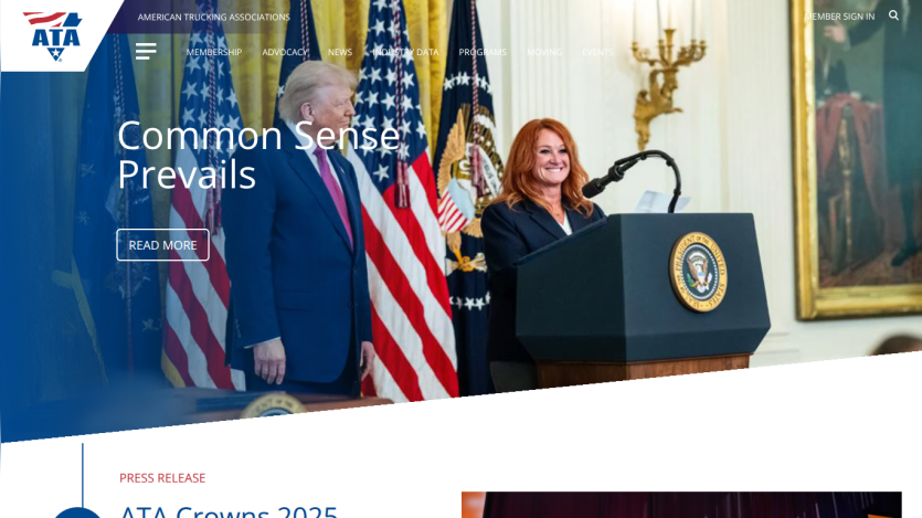 Homepage featuring a speaker at a podium with flags and the headline 'Common Sense Prevails'.