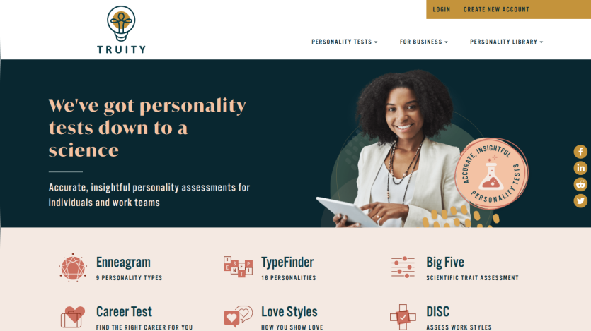Homepage featuring personality tests with a smiling woman and key service descriptions.