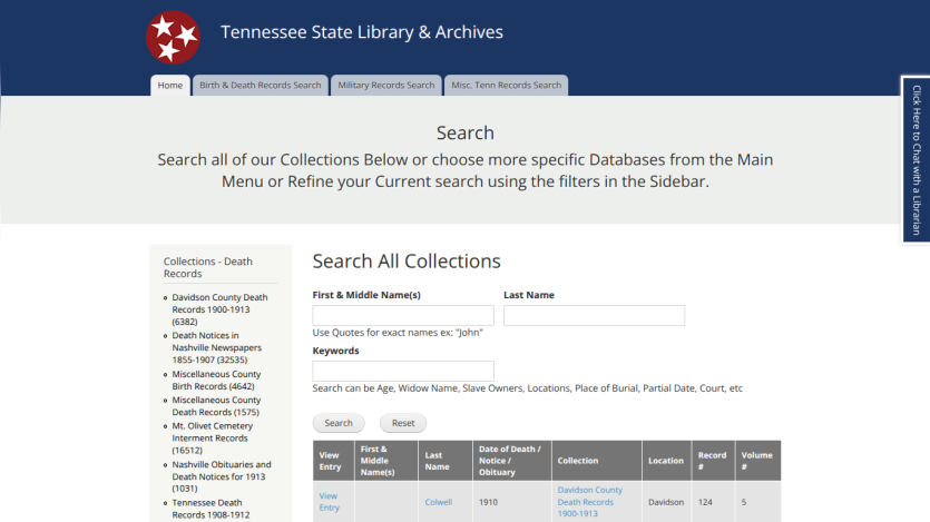 Tennessee State Library & Archives search page with tabs for record types and a form to search collections by name and keywords