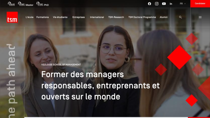 Toulouse School of Management homepage with headline about training responsible, entrepreneurial managers and a background image of three people talking.