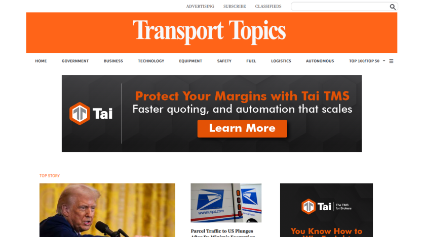 Transport Topics website featuring a promotional banner for Tai TMS services.