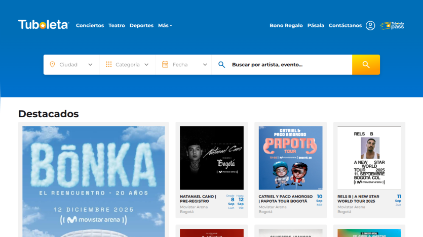 Homepage of Tuboleto with featured events and a search bar.
