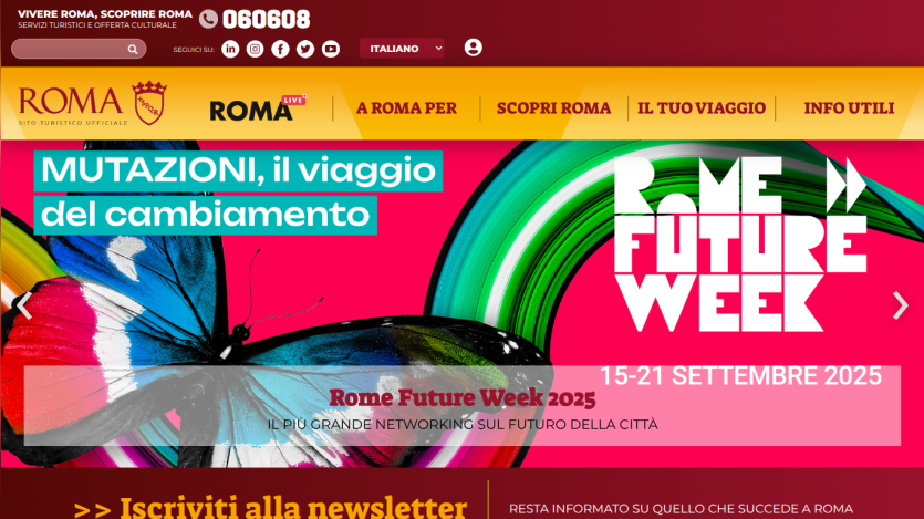 Homepage featuring Rome Future Week event details and a colorful butterfly graphic.