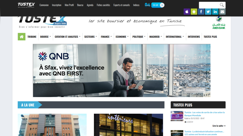 TUSTEX homepage with navigation menu, hero banner for Tunisie Valeurs, and latest news highlights