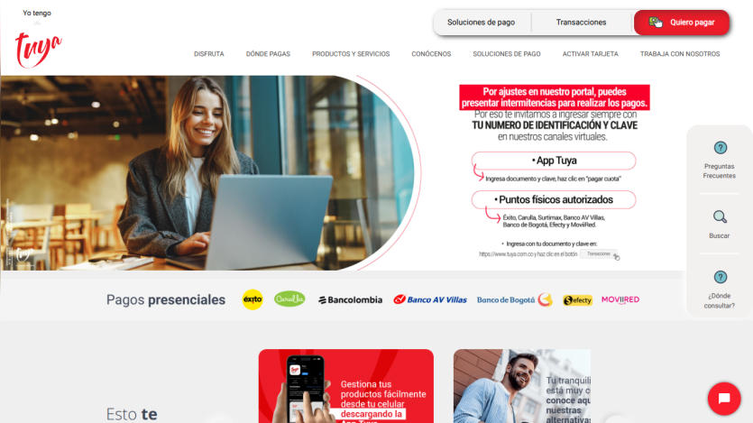 Payment options page showing in-person payment methods with logos and a smiling woman using a laptop