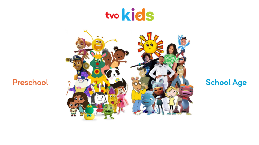 TVO Kids homepage showing colorful characters divided into Preschool and School Age categories
