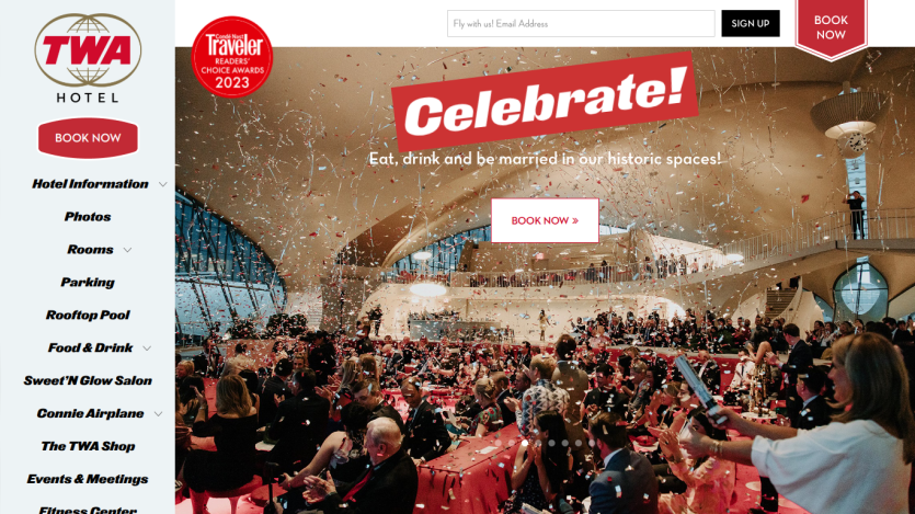 TWA Hotel website with a celebration event photo, booking options, and navigation menu